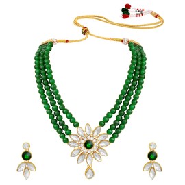 Aheli Flower Shape Green Ethnic Kundan Choker Necklace with Earring Jewelry Set Gift for Women