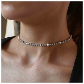 Yheakne Boho Tennis Chain Necklace Silver Rhinestone Chain Choker Necklace Minimalist Crystal Collar Necklace Luxury Cubic Chain Necklace Jewellery for Women and Girls, Metal, Rhinestone
