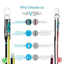 CHANZON 20 pcs Pre-Wired 5mm Warm White LED Diode Lights (Clear Round Transparent Lens DC 12V) with 560 ohms 1/4W Resistor and 24awg Wire Indicator Light Emitting Diodes Lighting 5mmled