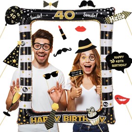 40th Birthday Photo Box Accessories 16 Pieces Photo Booth and 1 Piece Inflatable Photo Frame Photo Booth Birthday Decoration 30th Birthday Men Women
