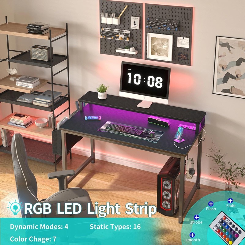 Lufeiya Small Desk with Power Outlets and LED Lights, 32