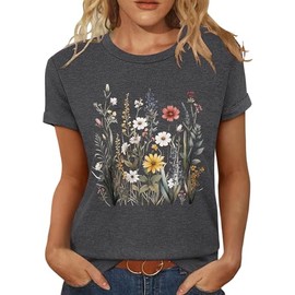 Inber T Shirts for Women Crewneck Boho Flowers Wildflowers Graphic Tees 2025 Summer Cute Shirts Short Sleeve Tops