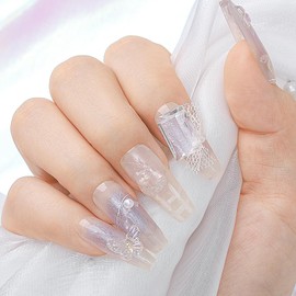 Sethaxy Handmade Nail Tips, 10 Pieces, Long Ballerina Tips, Rhinestones, Butterfly Pattern, Press-On Nails, Checkered Pattern, Magnet, False Nails, 3D Relief, Glitter, 3D Nails, Pearl, Mature False