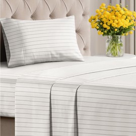 3 Piece Cream Striped Sheets for Twin Size Bed – Luxury Flat Sheet 66 x 96, Fitted Sheet 39 x 75 and 1 Pillowcase 20 x 30 – Deep Pocket, Soft, Beige Striped Sheets – Oeko-TEX Stripe Sheet Set