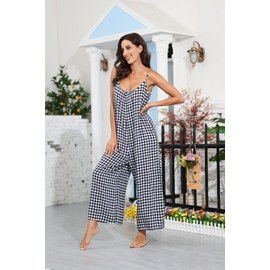 BUENOS NINOS Women's V Neck Floral Maxi Dress Boho Printed Adjustable Spaghetti Strap Ethnic Beach Long Dress with Pockets 3XL Black Plaid jumpsuit