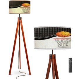 WEFHFGK Floor Lamp Basketball Hoop on Checkered Wave Standing Lamp Solid Wood Legs Modern Tall Lamp Tripod Floor Lamp with Flaxen Shade for Living Room, Bedroom, Office