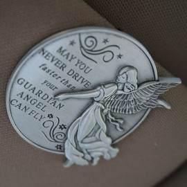 Guardian Angel Visor Clip For Car: (Set of 2) 2-1/4 Inch Diameter Metal, Reads MAY YOU NEVER DRIVE FASTER THAN YOUR GUARDIAN ANGEL CAN FLY, Best Parents Gift Idea for New Driver & Loved Ones Cars (1)