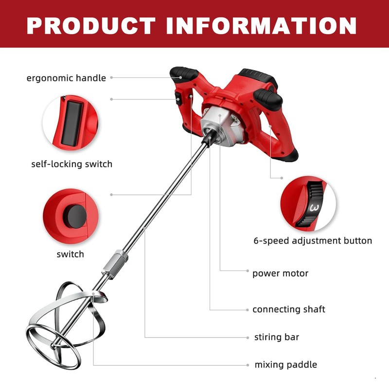 Cement Mixer, Handheld Electric Concrete Mixer, Portable Mortar Mixer with