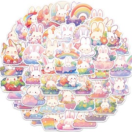 Bric Dodo Pack of 50 Rainbow Rabbit Stickers Car Laptop Phone Guitar Skateboard Motorcycle Bicycle Rabbit Stickers Set Vinyl Waterproof Aesthetic Stickers for Teenagers Children Adults