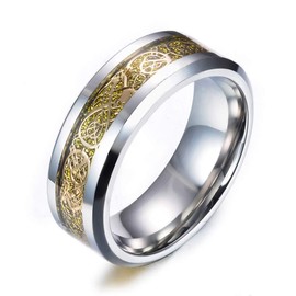 LEEYA NL12 8mm Tungsten Carbide Ring Silvering Celtic Dragon Blue Carbon Fibre Inlay Wedding Band Size 6-13 (8, Gold)