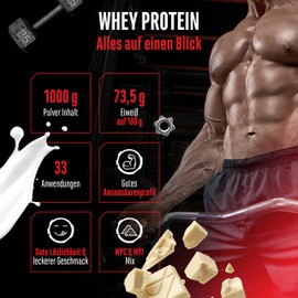 GEN GERMAN ELITE NUTRITION Whey Protein Pulver - 1000 g (Weisse Schokolade) - Mit Isolate Anteil - bis zu 22 g Protein pro Portion - Instant lösliches Eiweiss Protein Pulver mit BCAA & EAA