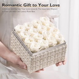 Eterfield Forever Flowers Preserved Flowers for Delivery Prime Real Roses That Last Over a Year Gifts for Her Mothers Day Valentines Day (Square Gold White Plaid Box, 16 White Roses)