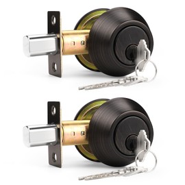 Probrico Oil Rubbed Bronze Round Double Cylinder Deadbolt Lock, Keyed Both Side Door Lock, Keyed Alike Combo 2 Pack