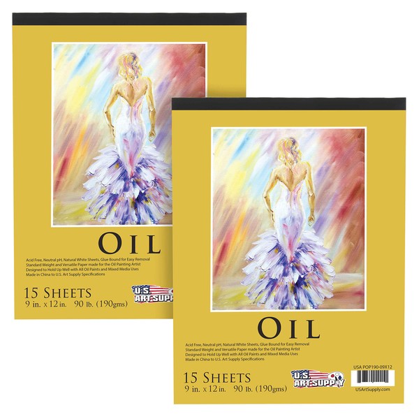 U.S. Art Supply 9" x 12" Premium Heavy-Weight Oil Painting Paper Pad, 90 Pound (190gsm), Pad of 15-Sheets (Pack of 2 Pads)