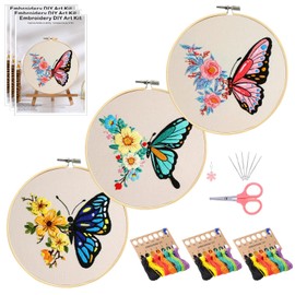 Ohcol 3 Sets Butterfly Embroidery Kit,Needlepoint Kits for Adults Beginner,Needle Point Kits with Washable Pre-Printed Floral Pattern,Hoops,Women DIY Hand Crafts