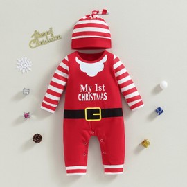 Loalirando My 1st Christmas Baby Boy Outfit Infant Baby Boys Girls Outfit Merry Christmas Romper Long Sleeve Jumpsuit Infant One-piece Clothes Elf Santa Clothes (Red My 1st Christmas, 6-12 Months)