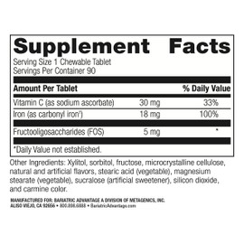 Bariatric Advantage Iron 18 mg with Vitamin C Chewable - Ferronyl Carbonyl Iron - Gentle on Stomach - Strawberry - 90 Count