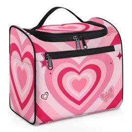 OMFUNS Pink Love Heart Hanging Toiletry Bag Wash Makeup Bag for Women Girls Butterfly Travel Cosmetics Bag Shaving Bag Organizer Kit for Accessories, Cosmetics, Travel Essentials