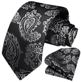 HISDERN Extra Long Ties for Men Classic Floral Tie and Pocket Square Elegant Silk Necktie Handkerchief Set Wedding Party, D7-black & Silver, XL,63 inches length