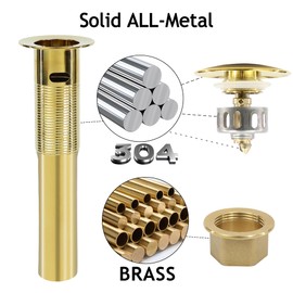 Rackickyer Bathroom Sink Drain, Gold Drain Stopper Bathroom Sink with Overflow,Pop Up Drain Assembly with Detachable Strainer Basket,Built-in Anti-Clogging Strainer,Stainless Steel Gold