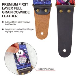 Nefelibata Guitar Strap, Nylon Print Snakeskin Guitar Straps with Head Cowhide Leather Ends for Bass, Electric & Acoustic Guitars, Free Strap Button, 1 Pair Strap Locks and 4 Guitar Picks