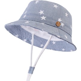 DRESHOW Baby Sun Hat Toddler Sun Protection Animal Cap Unisex Summer Bucket Hat with Chin Strap UPF 50+, 3 - 6 Month, Star Light Blue
