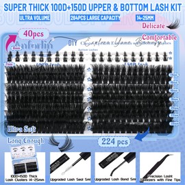 Fluffy Lash Extension Kit with Bottom Lashes 100D+150D Thick Lash Clusters 14-25mm Individual Lashes 264Pcs Eyelash Clusters Kit D Curl Lash Extension DIY at Home by Anforlin