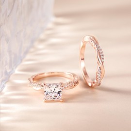 Mameloly 2ct Wedding Rings for Women Princess Cut Bridal Ring Sets Rose Gold Cubic Zirconia Engagement Rings Twisting Infinity Pave Set Size 6
