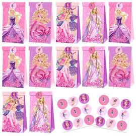 12 Princess Gift Bags with 18 Stickers, Gift Bag Party Birthday Bags, Candy Bar Bags, Party Bags Children's Birthday, Small Gift Bags, Pink