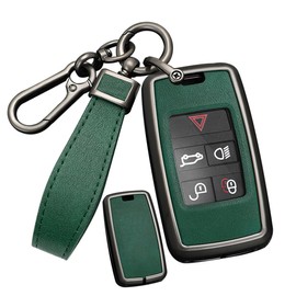 SANRILY PU Leather Key Fob Cover Fit for Range Rover Evoque Vogue Fit For Jaguar XE XF Fit for Land Rover Freelander2 Defender 2023 Discovery Keyless with Leather Keychain Black-green