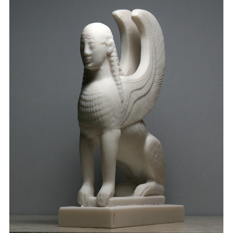 Sphinx Greek Mythical Woman Head Lion Statue Cast Marble Sculpture