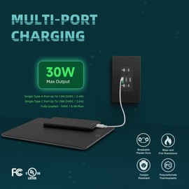 TOPELER 6.0A Black USB Wall Outlet Charger, 20A Duplex Tamper-Resistant Receptacles, Charging Power Outlet with 3 USB Ports, Electrical Socket with USB C Port, cUL & FCC Listed