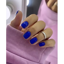Blue Square Press on Nails Short Fake Nails Acrylic Full Cover False Nails Reusable Stick on Nails Kit Artificial Nails Glue on Nails Gel Nails for Women 24pcs