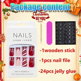 Christmas Medium Press on Nails French Square Fake Nails with Snowflake Red White Stripes Designs Acrylic False Nails Full Cover Glue on Nails Artificial Nails for Women 24Pcs