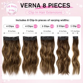 Clip in Hair Extensions, 8PCS 16 Inch Wavy Dark Brown Hair Extensions Clip Ins Mix Blonde, Synthetic Hairpieces for Women