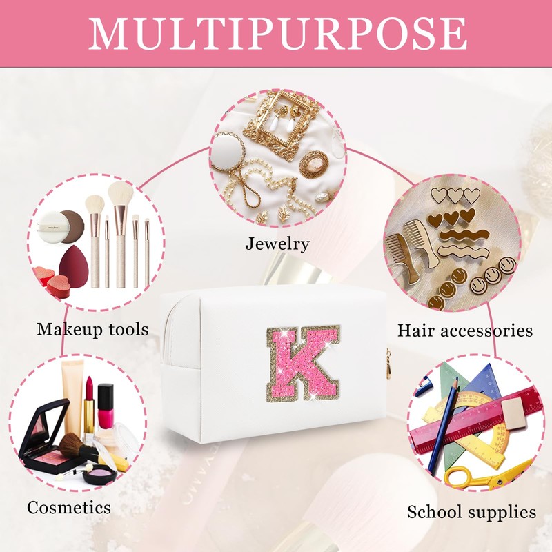 Bolsa de maquillaje con parche inicial personalizada, bolsa de chenilla