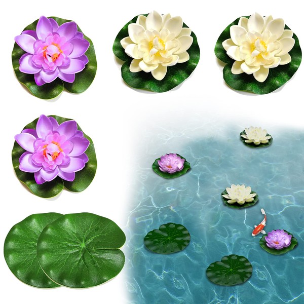 SwirlColor Lotus Flower Lotus Leaves set 6pcs, Artificial Water Lilies Floating Foam Foliage for Aquarium Pond Decoration