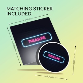 1 x Greeting Card & 10 cm Round Sticker Set - Neon Sign Design Treasure Name - Birthday Thank You Friend Lover Fan Mum Dad Kids #353556