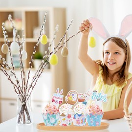 48 decoraciones y envoltorios para magdalenas de Pascua, decoraciones de fiesta de Pascua, coloridos forros para cupcakes, cesta de huevos, conejos, lindos suministros para decoración de tartas de cumpleaños de niña