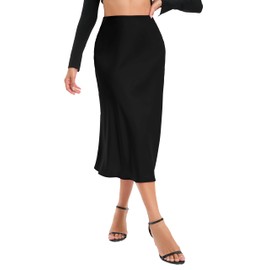 Timuspo Midi Skirt Satin Skirt Women's Elegant Long High Waist Plain Midi Skirt A-line Summer Skirt with Concealed Elastic Band and Zip, black