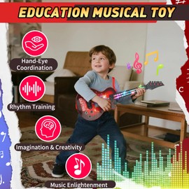 Kids Guitar Toy for 3 Year Old Boy Gift 21 Inches Electric Guitars with 4 Strings for Toddlers Light Up Music Toys for Boys Girls Gifts Ages 3 4 5 (Red)
