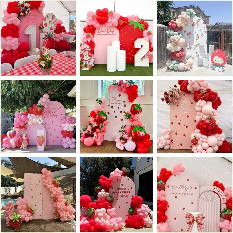 Aerdce Red and White Plaids Arch Backdrop Cover Strawberry Theme