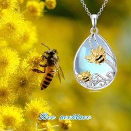 POTOPYY Bee Necklace for Women Sterling Silver Teardrop Moonstone Necklaces Pendant Moonstone Bee Jewelry Christmas Gifts for Women Daughter