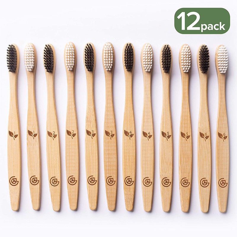 Greenzla Bamboo Toothbrushes for Adults – 12 Pack Wooden Toothbrush