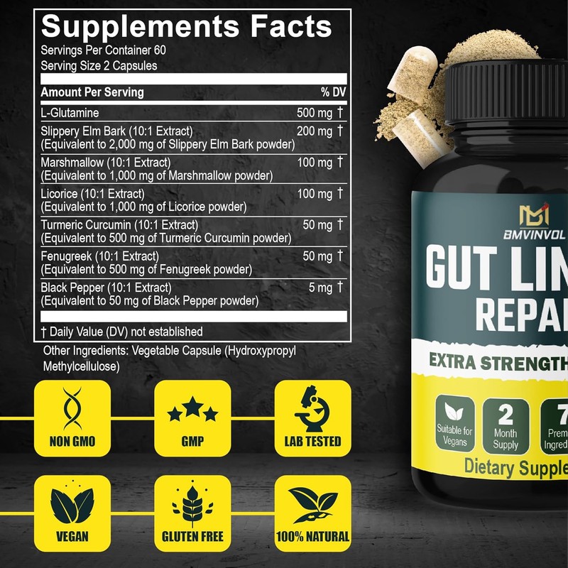 Gut Repair Supplement - 120 Capsules - L-Glutamine, Slippery Elm