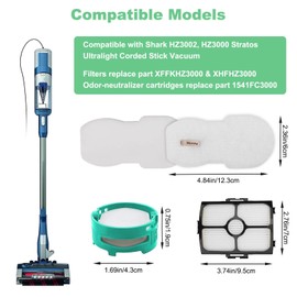 Alrens HZ3002 Replacement Filters and Odor Kit for Shark HZ3002 HZ3000 Stratos Ultralight Corded Stick Vacuum, 2 Filter + 4 Foam & Felt + 4 Odor Neutralizer Cartridges