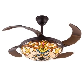 LIAPDG 42 Inch Stained Glass Ceiling Fan, 3 Speed Retractable Chandelier Ceiling Fan for Flat Roof Concrete Ceiling House of 15-25 Square Meters with 4 Retractable Blades & Remote Control