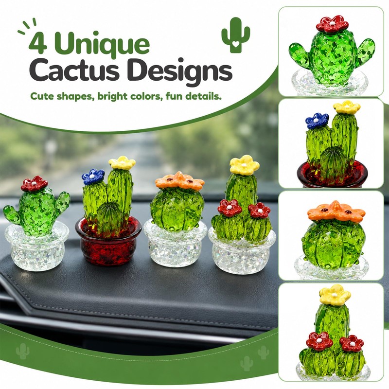 4 PCS Crystal Cactus Car Dashboard Decoration, Mini Interior Ornament