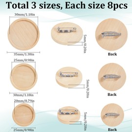 SUNNYCLUE 24Pcs 3 Sizes Pin Brooch Cabochon Wooden Cabochon Blanks Bulk Natural Wood Basic Flat Round Frame Tray Lapel Brooches Settings with Stainless Steel Safety Pins for Jewelry Making DIY Crafts