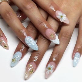 Dreamy 3D Flower Press On Nails, Long Almond False Nails with Gold Sea Charms & Pearl Embellishments, Pastel Pink Blue Reusable Stick On Nails, Elegant Fairy Mermaid Nail Art Kit for Women